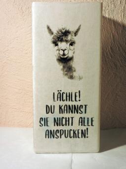 Tischlampe Alpaka grau, mit Spruch 